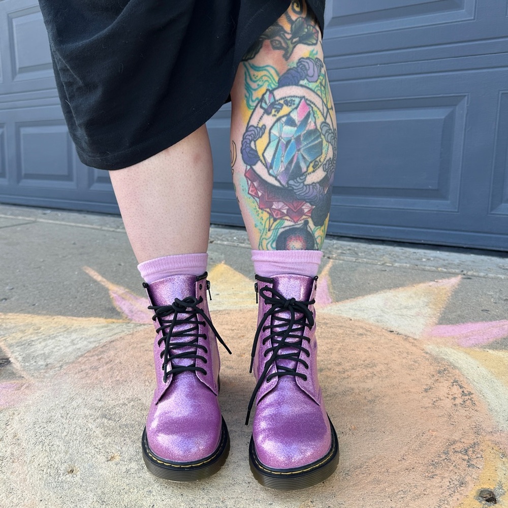 Dr. Martens 1460 Big Kid Girls' Combat Boot Pink Glitter Vinyl